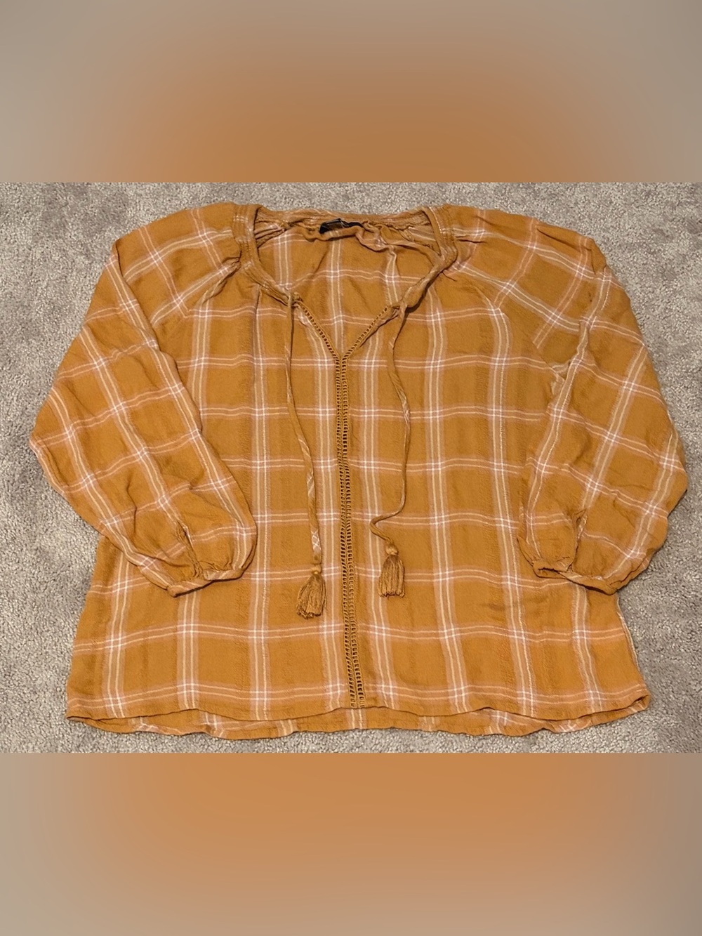 American Eagle Women’s Peasant Top Orangish Brown Plaid Tassles Size Medium